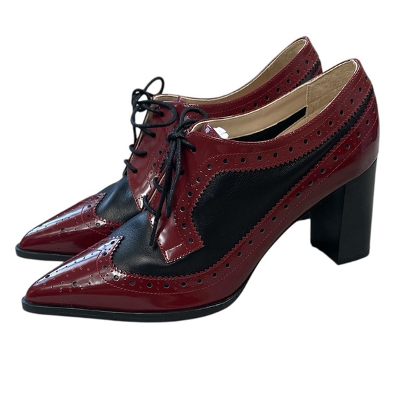 New L’Agence Elodie Pump Heeled Lace Up Oxford Preppy Academia Red Black 10 - Picture 1 of 12